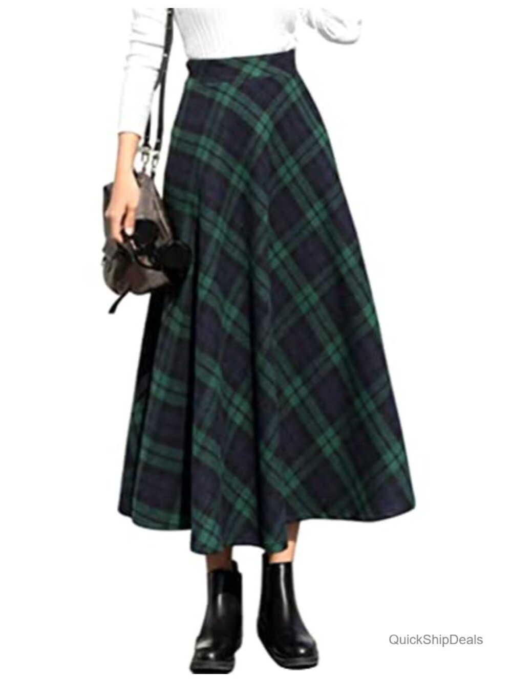 Womens Plaid Wool Maxi Skirt A-Line Elast Waist Pleated